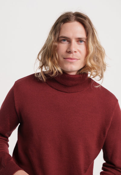 pull col roulé laine bio loom bordeaux main